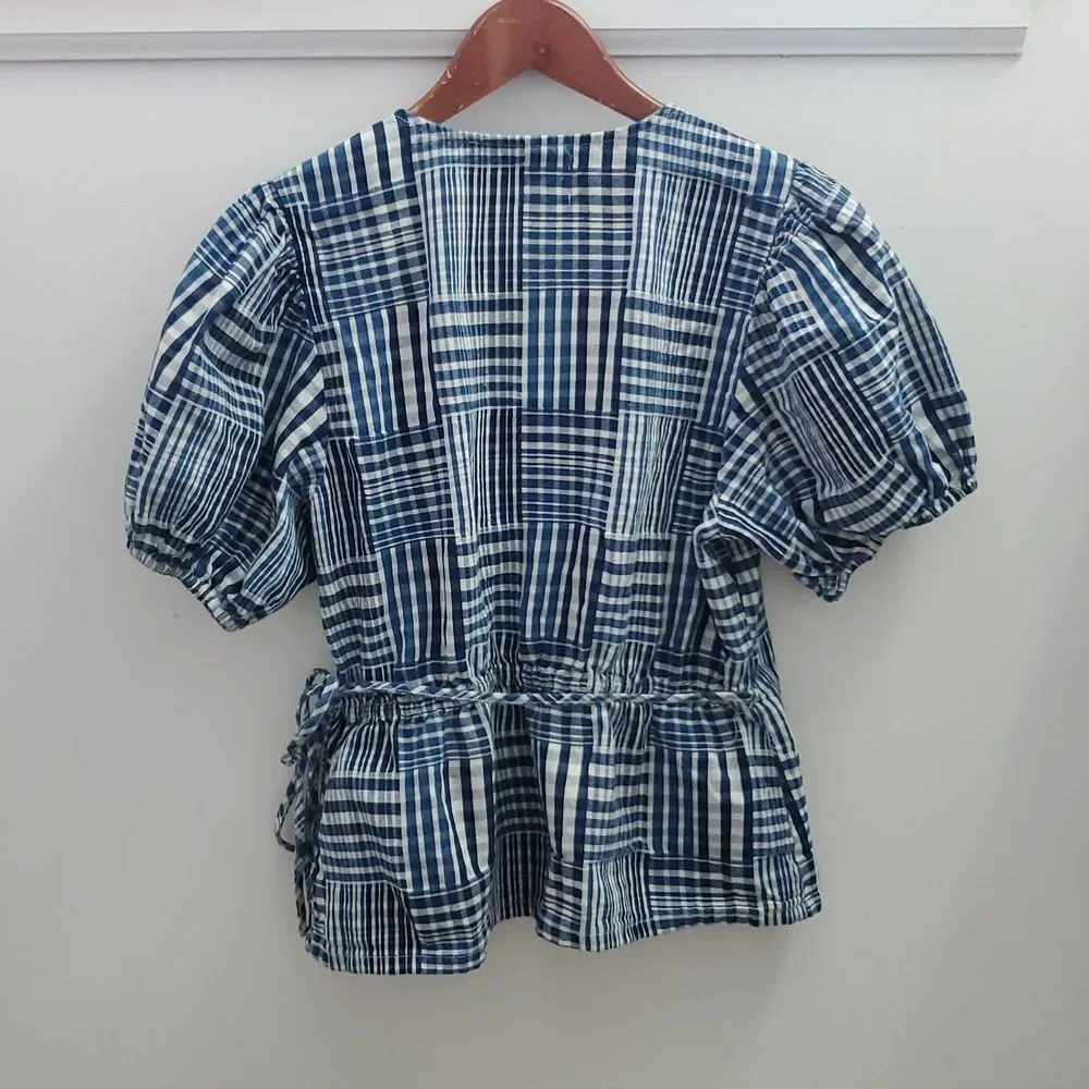 J. Crew Puff Sleeve Wrap Top Indigo Patchwork Size Medium
